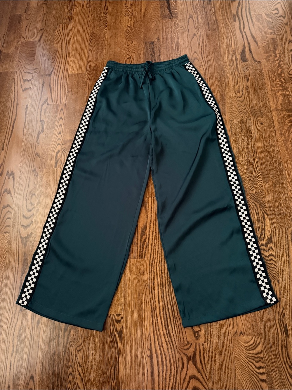 Wide-Leg Track Pants with Checker Side Stripe - Dark Green